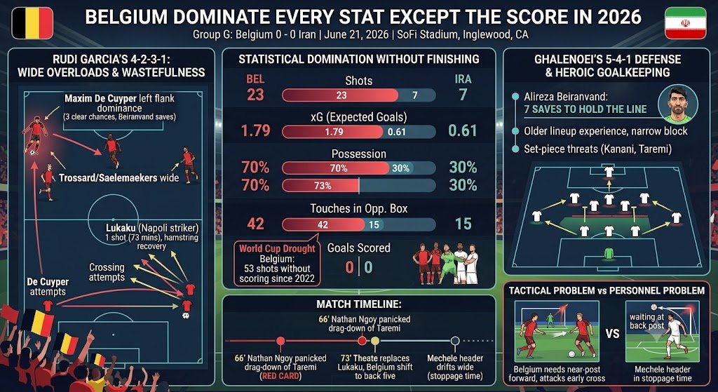 Belgium Dominate Every Stat Except the Score in 2026 Twenty-five minutes. That is how long Belgium played with a man advantage against Iran at the 2026 World Cup, and it barely changed the picture. Belgium drew 0-0 with Iran at SoFi Stadium in Inglewood, California, on June 21, 2026, in their second Group G match at the World Cup. Nathan Ngoy was sent off in the 66th minute for hauling down Mehdi Taremi, who was clear through on goal. Alireza Beiranvand made seven saves to keep Iran level until the final whistle. Belgium finished with 1.79 expected goals from 23 shots and still have not scored from open play in this tournament. This was Belgium's second straight match without a goal, stretching their World Cup drought to fifty-three shots without scoring since the 2022 tournament. Romelu Lukaku started his first match of this World Cup after a hamstring injury wiped out most of his club season at Napoli. He managed one shot in seventy-three minutes before Arthur Theate replaced him. Rudi Garcia's team did almost everything right and still has nothing to show for it. Belgium lined up in their usual 4-2-3-1, with Kevin De Bruyne floating off Lukaku and width coming from Alexis Saelemaekers and Leandro Trossard. Iran sat in a back five, narrow and patient, daring Belgium to find a way through the middle. For an hour, Belgium did exactly what a good possession team is supposed to do. They worked the ball wide, pulled Iran's back five apart, and got Maxim De Cuyper into the box again and again from the left. The problem was never the pattern. The problem was the final touch, and Beiranvand stopped three clear De Cuyper chances on his own. Iran's set-piece work was the difference between a flat defeat and a point worth celebrating. Ehsan Hajsafi's free kicks and Iran's long throws caused Belgium more trouble than anything in open play, with Hossein Kanani and Taremi both forcing saves from headers and volleys delivered exactly that way. Then came the 66th minute. Ngoy panicked under pressure from Taremi, gave the ball straight back to him, and dragged the striker down with the goal open in front of him. The tension inside SoFi Stadium turned in an instant. Belgium dropped to ten men with twenty-five minutes left. Garcia's response was to bring on Theate for Lukaku and shift to a back five of his own, trading an attacker for cover. Iran, with a spare man and a tiring Belgium defense in front of them, brought on Mehdi Torabi and later Shahriyar Moghanloo but never raised the tempo to match the opportunity in front of them. Here's the thing Belgium actually had their best chances after going down to ten men, not before. De Cuyper alone had three clear sights of goal in the final half hour, including a close-range effort in the 86th minute that Beiranvand somehow turned away. A full back was getting in behind a back five playing against ten men in midfield. Belgium walked off deflated anyway. That is not a system collapsing. That is wastefulness in front of goal. Judge this by the numbers rather than the result, and Garcia set his team up well. Belgium had seventy percent of possession, almost three times Iran's expected goals, and forty-two touches in the Iran box compared to fifteen. Iran arrived in Los Angeles having shifted their training base from Arizona to Mexico, operating under travel restrictions that send them out of the city within hours of the final whistle. Ghalenoei's call to start the oldest lineup at a World Cup match since 1966, according to ESPN Research, was not caution out of fear. It was a deliberate bet that experience could hold a defensive shape together even with everything off the pitch working against his team, and for ninety-five minutes it held. Garcia is the one running out of time here, not Ghalenoei. Belgium do not need a different game plan. They need a different runner in the six-yard box. Three times in the second half a Belgian player arrived at the back post a half-step behind the ball, including Brandon Mechele's header in stoppage time that drifted wide of an open net. That is not a tactics problem. That is a personnel one: bring on a forward who attacks the near post early instead of waiting for the cross to find him, and at least one of those three chances becomes a goal instead of a near miss. Belgium were better in every column that did not have a number attached to a goal.